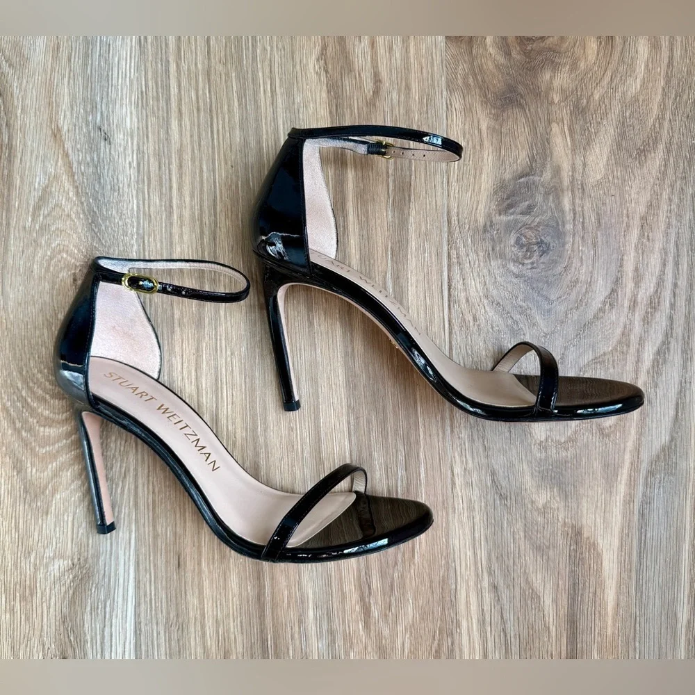 Stuart Weitzman Nudist Black Patent Leather Ankle Strap Sandals Size 9